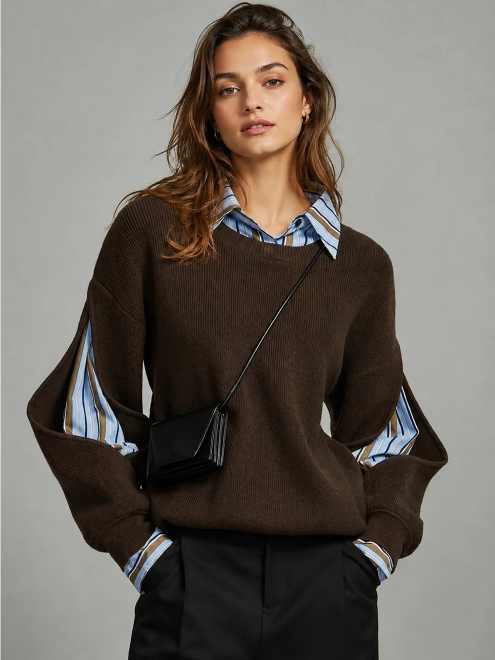 Commense Women’s Brown Split-Sleeve Pullover Sweater XL